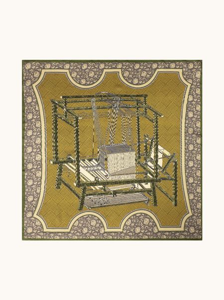 Apaszka jedwabna zielona z motywem architektonicznym 70x70 cm