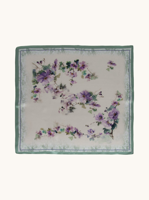 Silk gavroche with painterly flower pattern and pastel colours 53 cm x 53 cm
