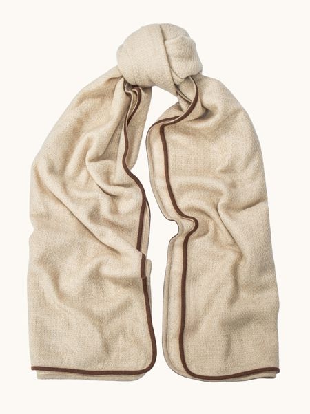 Szal kaszmir 100% beżowy z brązową lamówką 70x180 cm PREMIUM