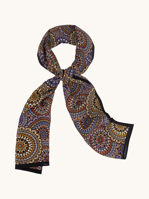 Multicolored silk scarf with oriental patterns 35 cm x 140 cm