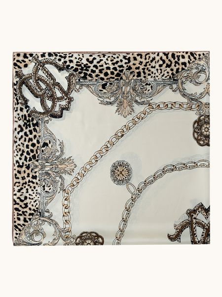 Duża chusta jedwabna ecru w zwierzęcy motyw 110x110 cm