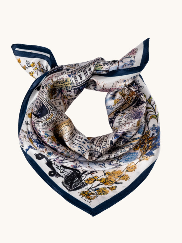 Apaszka jedwabna kremowa  z motywem miasta 53x53 cm