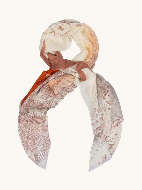 Scarf 100% wool in shade of beige with house motif 70 cm x 190 cm