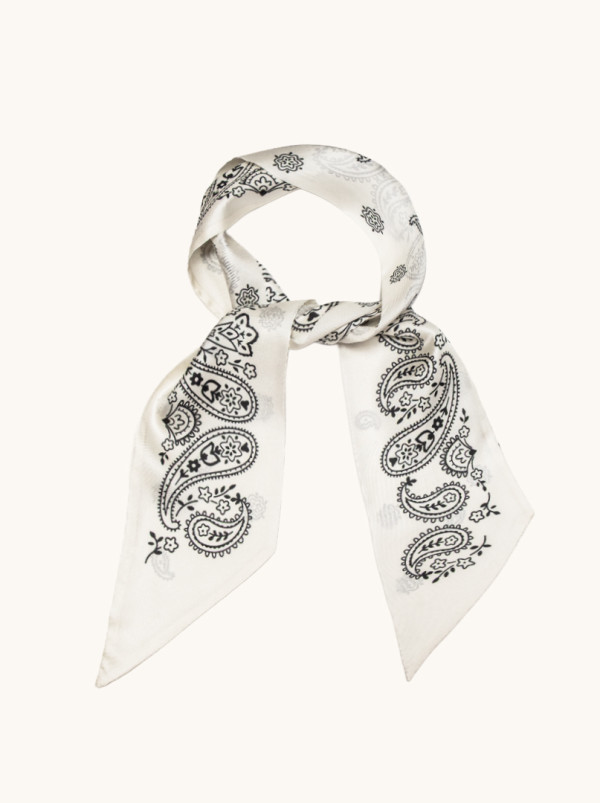 Jedwabna apaszka krawatka czarno biała  ze wzorem paisley 12cm x120 cm