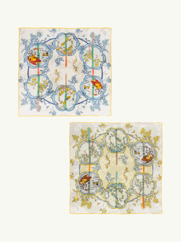 Apaszka jedwabna dwustronna Cytrynowy Ogród  68x68 cm