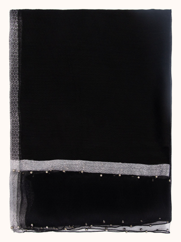 Black formal scarf with silver pearls and silver trim 65 cm x 185 cm