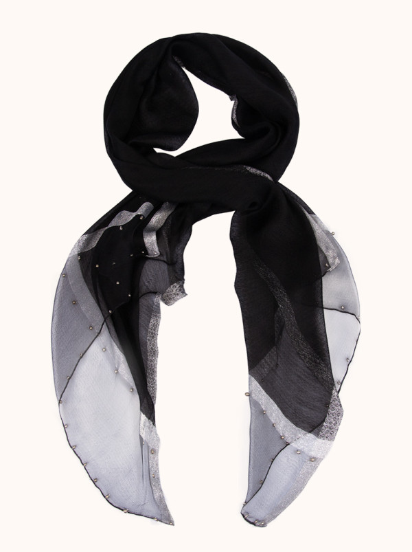 Black formal scarf with silver pearls and silver trim 65 cm x 185 cm