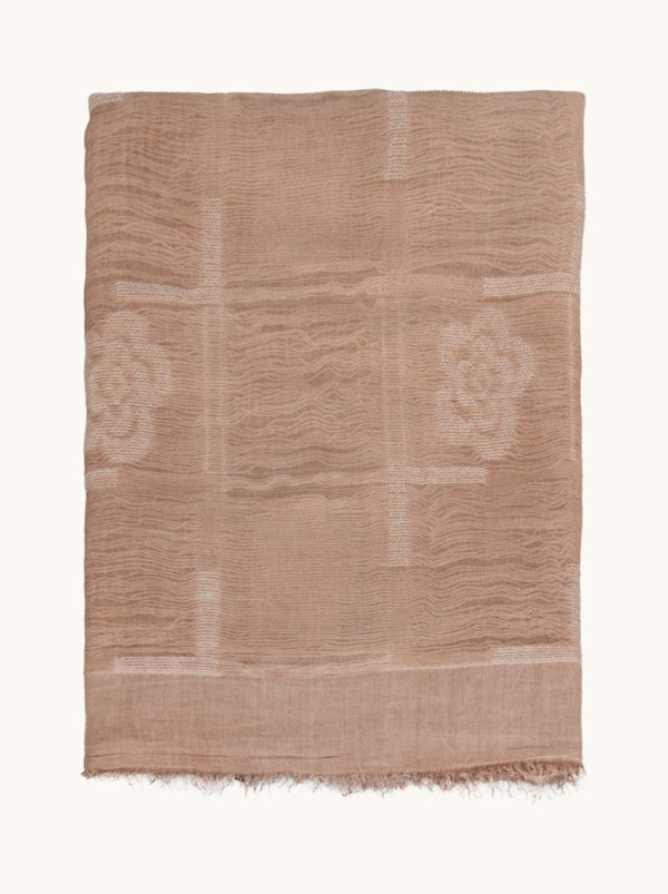 Beige colored scarf with flowers 90 cm x 210 cm