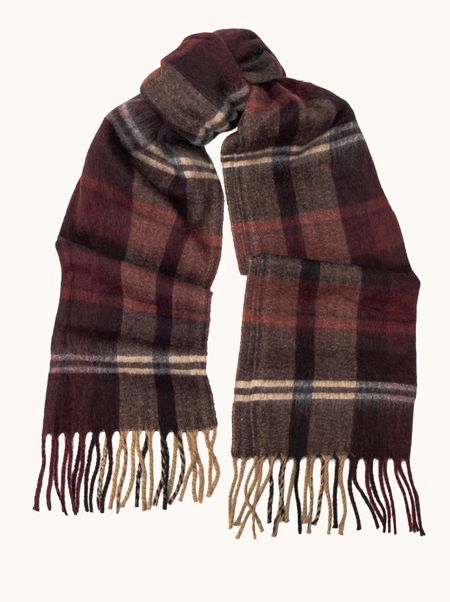 Ciepły szal z wełną czerwony w kratę z frędzlami 50x190 cm