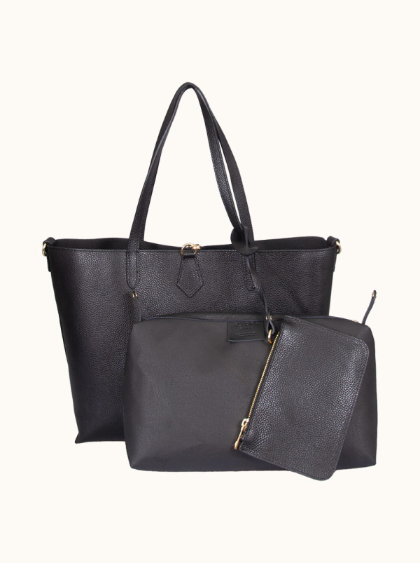 Duża skórzana torba damska TOSCA czarna 3w1  shopper z saszetkami