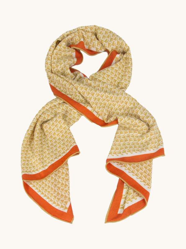 Wełniany szal dwustronny w geometryczny wzór miodowo-pomarańczowy 60cm x 180cm