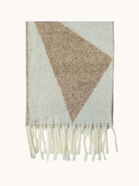 Ciepły szal z wełną beżowy w geometryczne wzory z frędzlami 38x200 cm