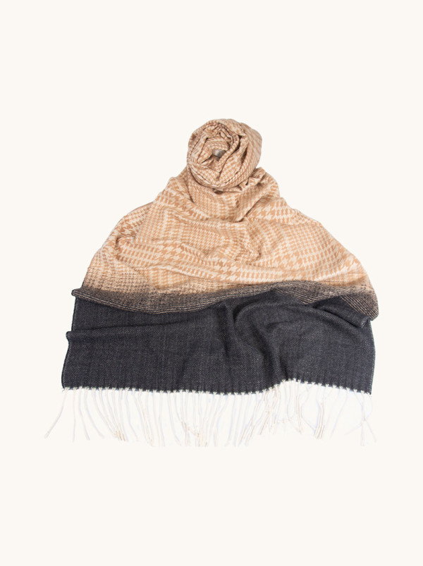 Beige scarf with pepita pattern 70 cm x 200 cm 100% wool