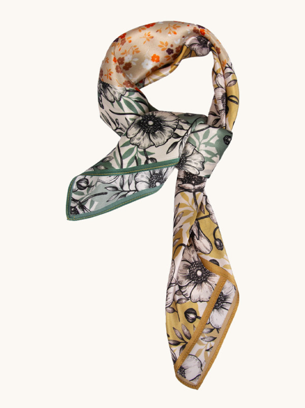 Four sided silk scarf with small flowers motif 70 cm x 70 cm