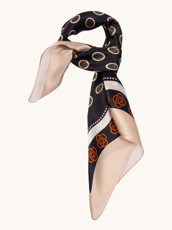 Black silk scarf in circles with beige border