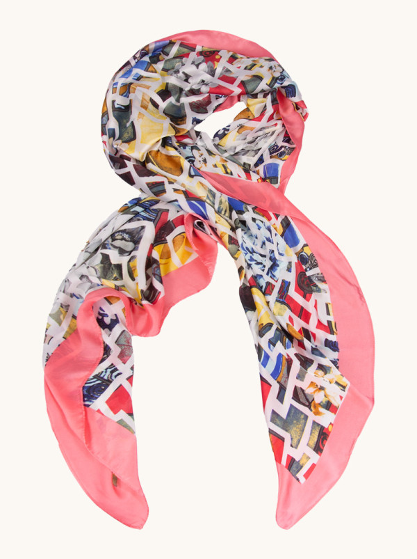 Lightweight shawl in geometric patterns with pink border 85 cm x 175 cm