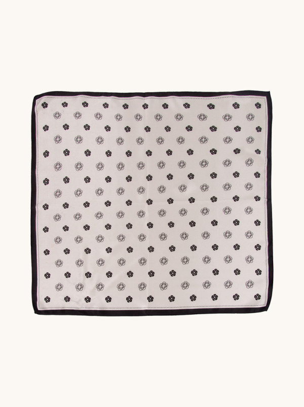 Silk gavroshka on beige background with small flowers 53 cm x 53 cm