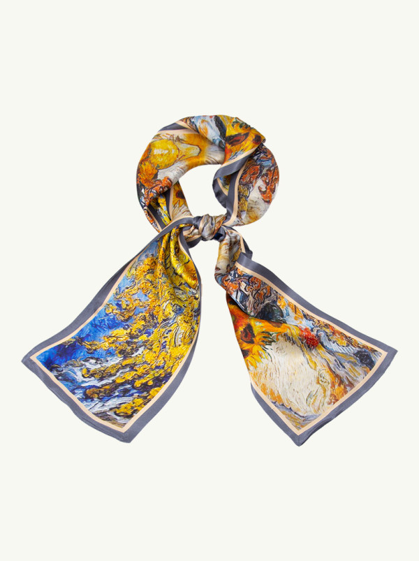 Double-sided narrow double silk shawl with painterly patterns