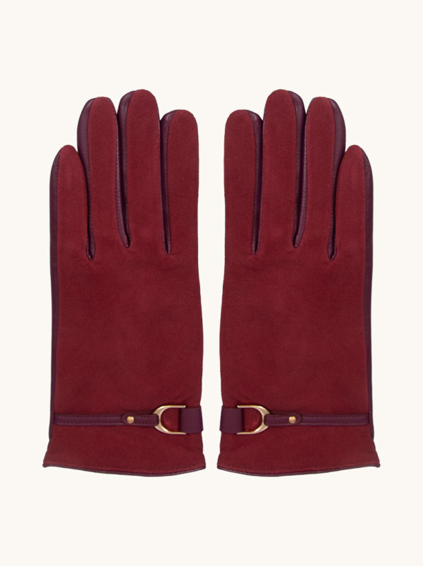 Bordowe  skórzane rękawiczki z ozdobną klamrą PREMIUM