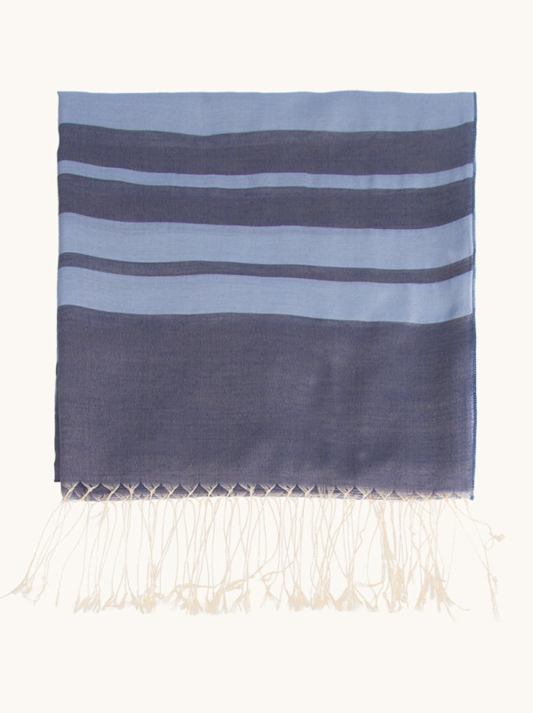 Navy blue viscose scarf with stripes and fringes, 110x160 cm