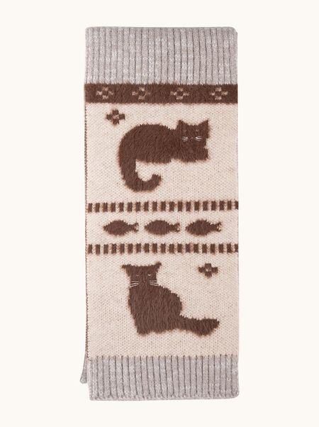 Długi wąski szalik beżowo-szary z motywem kota 15x180 cm 