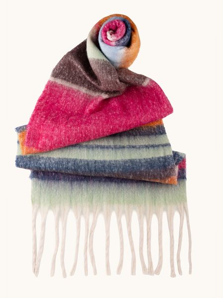 Ciepły szal w kolorowe pasy z frędzlami 55x190 cm