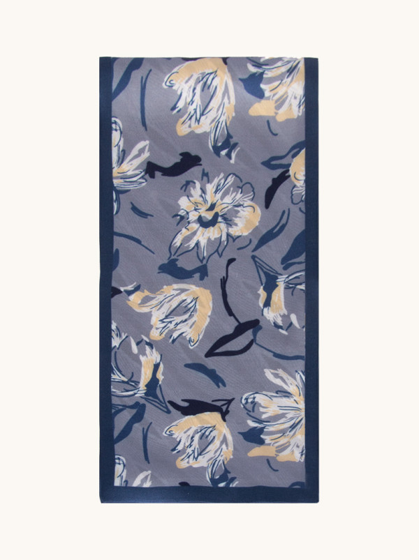 Narrow double-sided shawl in blue-grey colour and floral pattern 15 cm x 145 cm