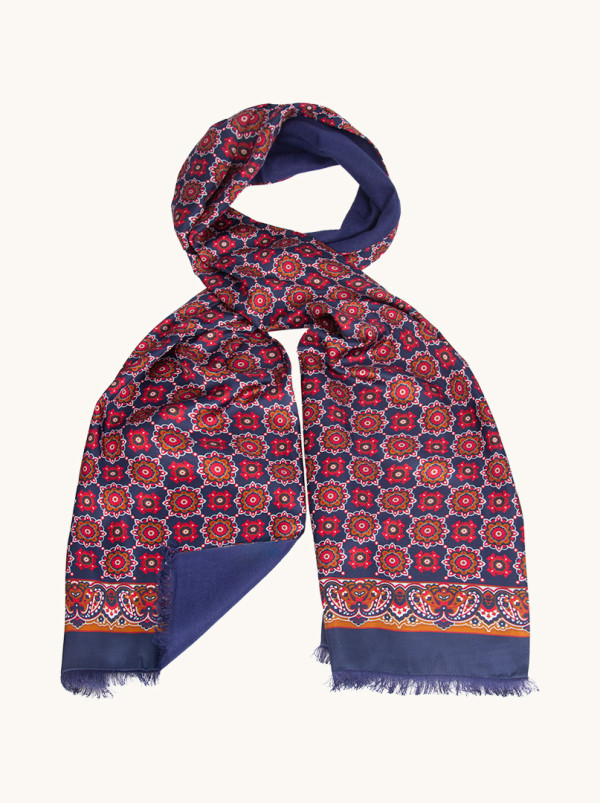 Ekskluzywny męski szal jedwabny granatowy we wzory 30 cm x 180 cm 