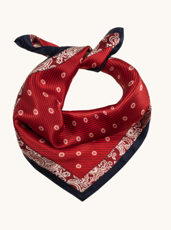 Apaszka jedwabna czerwona z paisley i groszkami 53cm x53cm