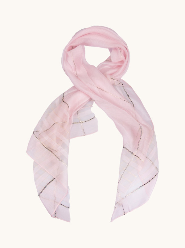 Szal wieczorowy w pasy różowy ze złotą nitką 80 cm x 190 cm