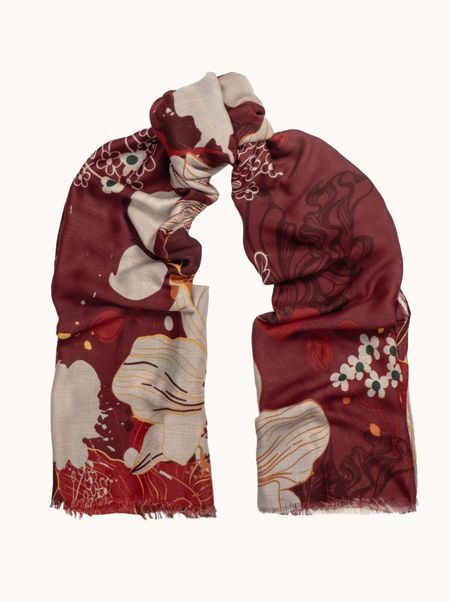Szal bawełna z wiskozą bordowy z motywem roślinnym 90x180 cm