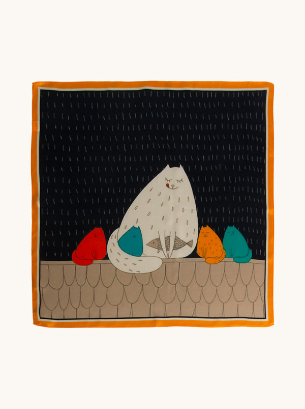 Apaszka jedwabna beżowa z motywem kota 53x53 cm