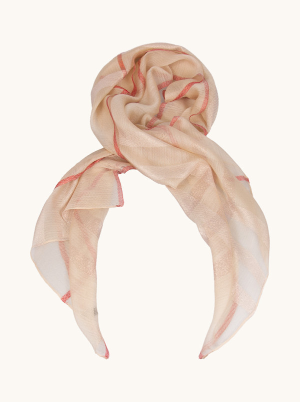 Beige evening scarf with red shiny check 70 cm x 180 cm