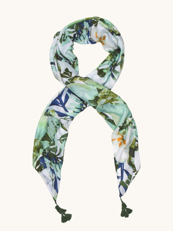 Lekki szal  z tropikalnym printem z frędzlami 90cm x 190cm