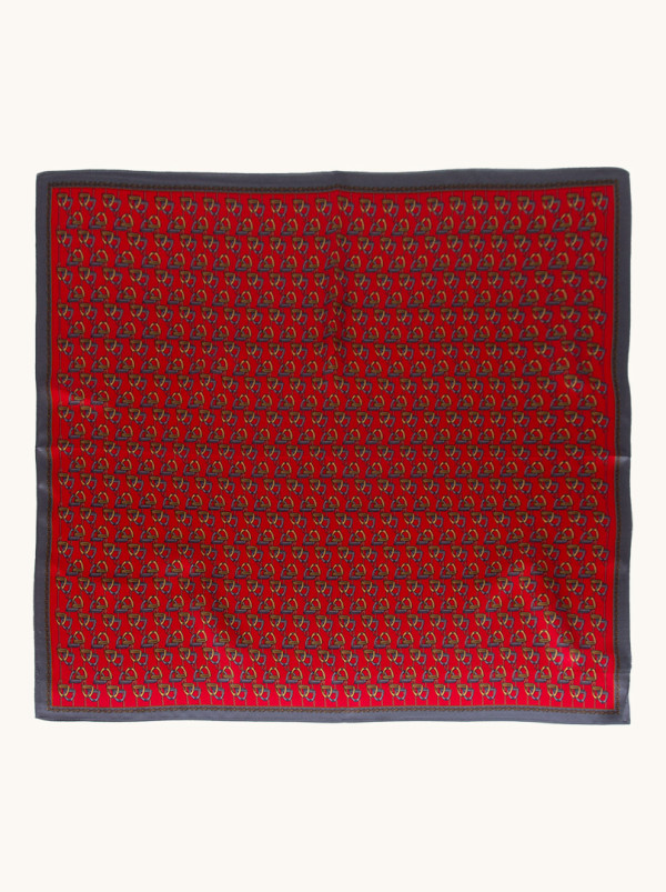 Red patterned silk scarf with gray border 70x70 cm