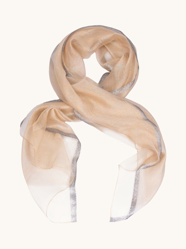 Elegancki beżowy szal wieczorowy z połyskującą nitką 70 cm x 190 cm