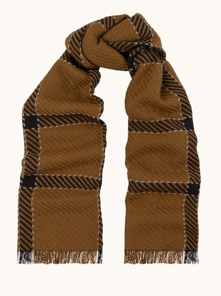 Szal wiskoza 100% karmelowo-miodowy odcień w kratę z frędzlami 70x190 cm