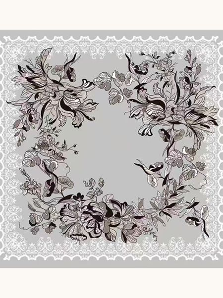 Apaszka jedwabna szara w czarne kwiaty 90x90 cm