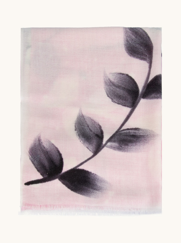 Scarf 100% wool pink with leaf motif 95 cm x 210 cm