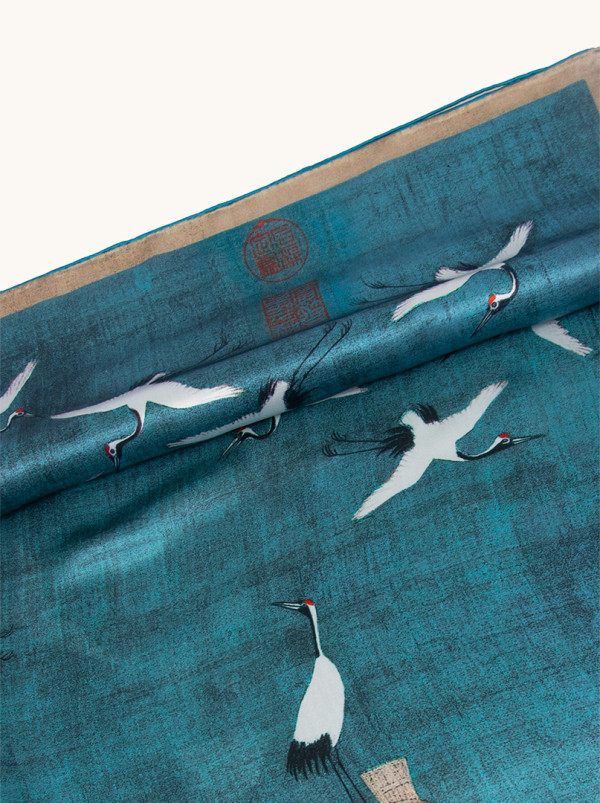Large silk scarf with motif of flying cranes