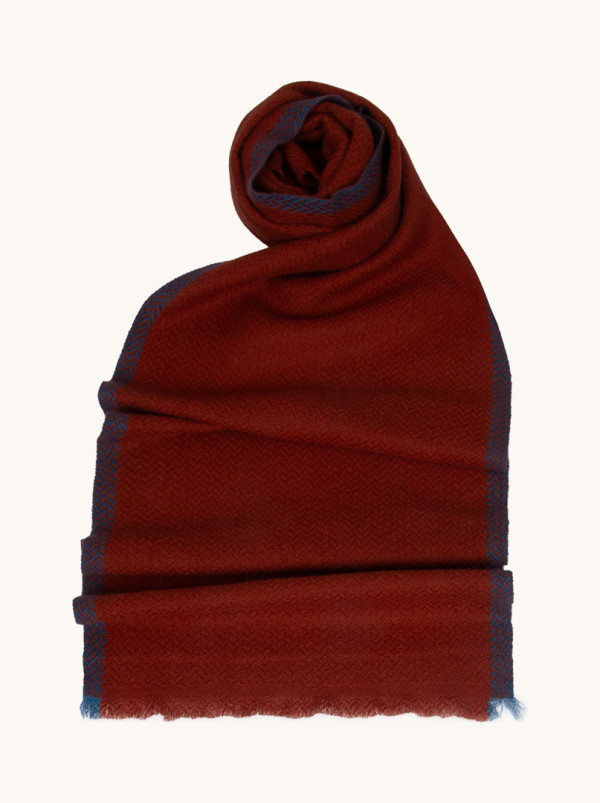 Szal kaszmirowy czerwień ceglana z niebieskim wykończeniem 30 cm x 180 cm PREMIUM