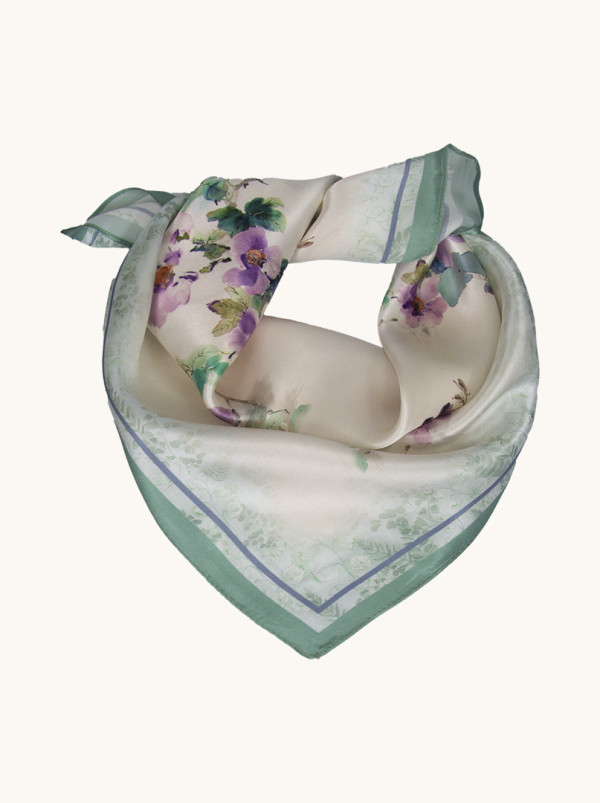 Silk gavroche with painterly flower pattern and pastel colours 53 cm x 53 cm