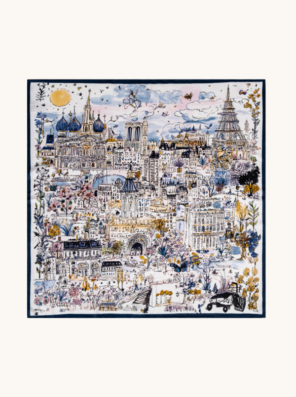 Apaszka jedwabna kremowa z motywem miasta 53x53 cm