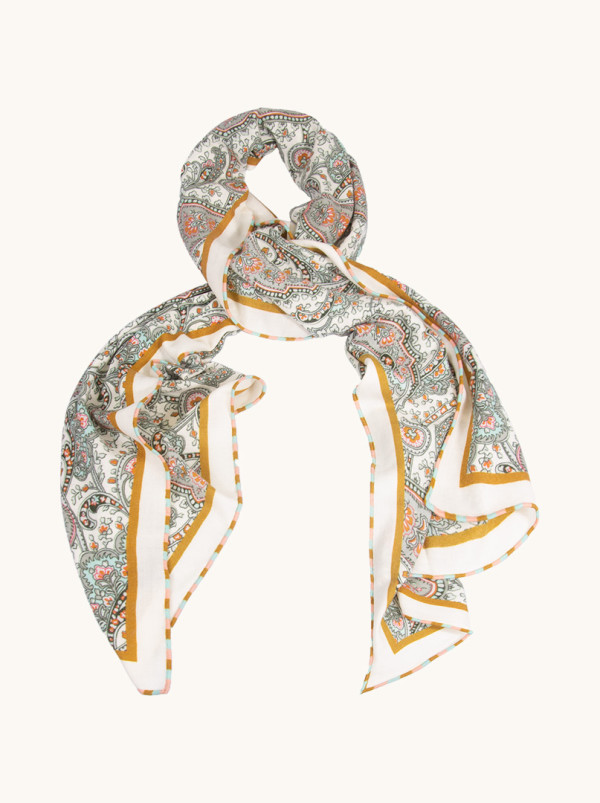 Szal 100% wełna dwustronny  kremowa w paisleye 60 cm x 170 cm