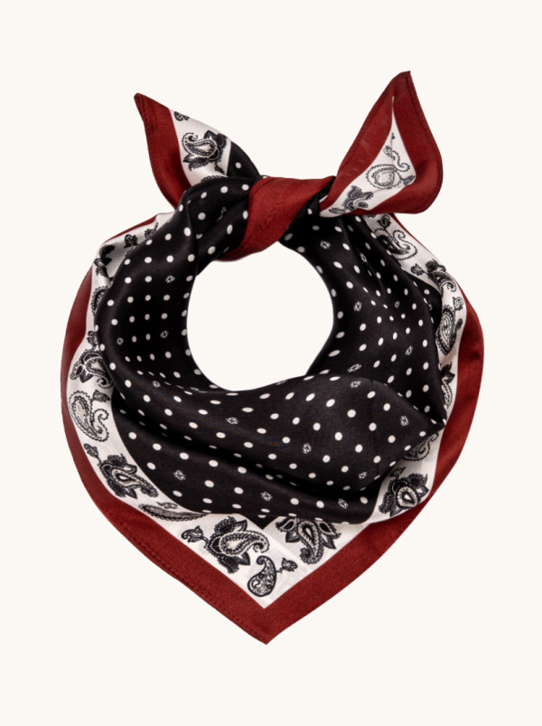 Apaszka jedwabna czarna w groszki z bordową ramką 53x53 cm