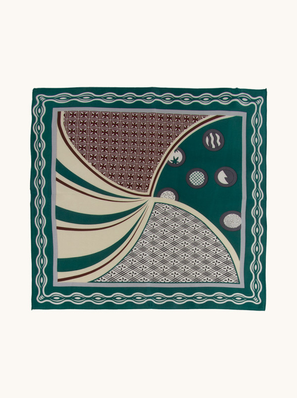 Silk gavroche with geometric pattern on green background 53 cm x 53 cm