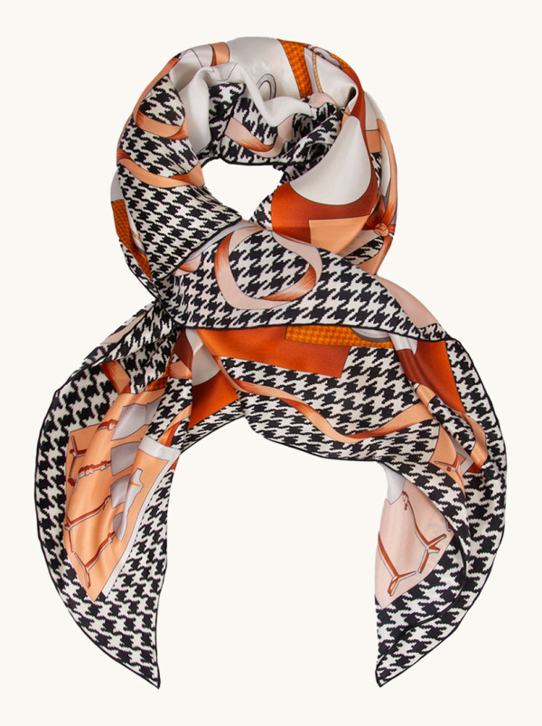 Duża chusta jedwabna w pepitkę z motywem galanterii 110cm x 110cm