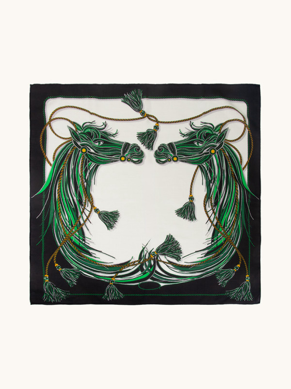 Apaszka wełna z jedwabiem z motywem konia na czarnym tle 90 cm x 90 cm