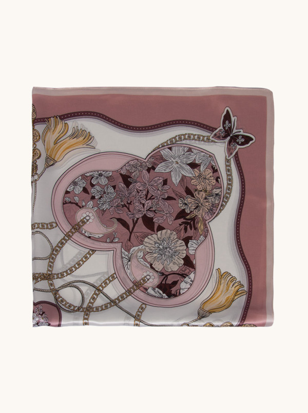 Apaszka jedwabna różowa z kwiatowym motywem 90 cm x 90 cm