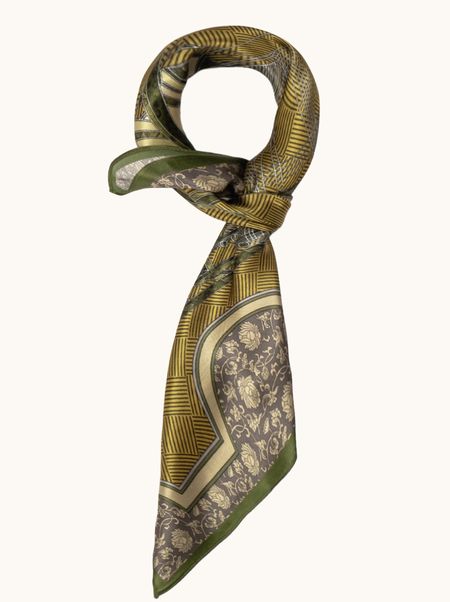 Apaszka jedwabna zielona z motywem architektonicznym 70x70 cm